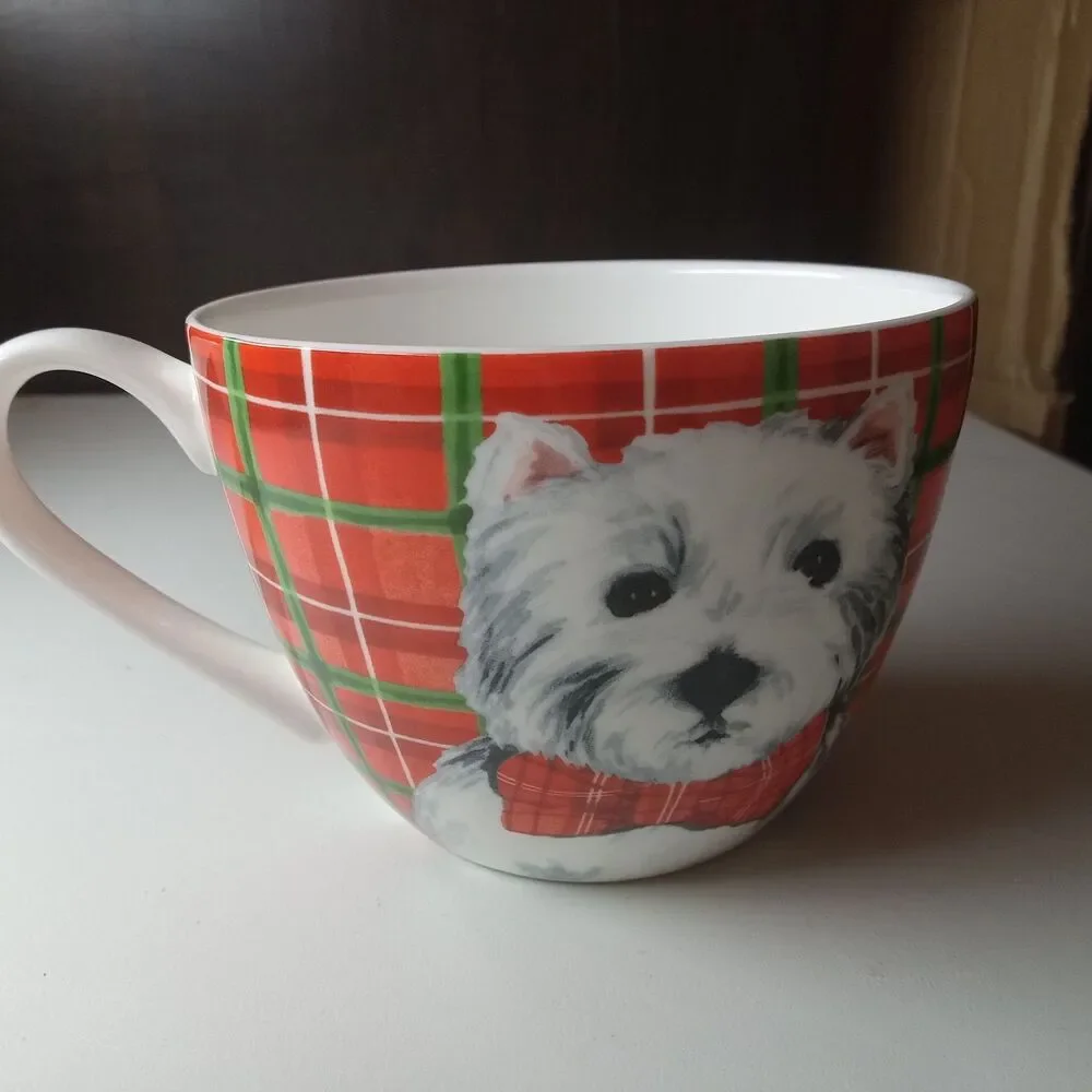 White Westie Dog in Plaid Mug Portobello by Design Coffee Cup Bone China - Picture 3 of 8